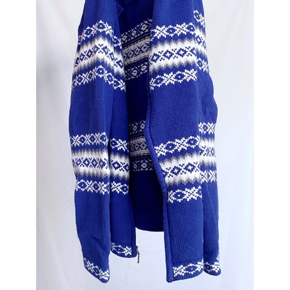 Vintage Retro Fair Isle Blue + White Printed Zip Up Knit Cardigan Sweater - Picture 12 of 12